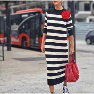 Zara Womens Striped Knit Midi Sweater Dress Long Sleeve‎ Black White Small S